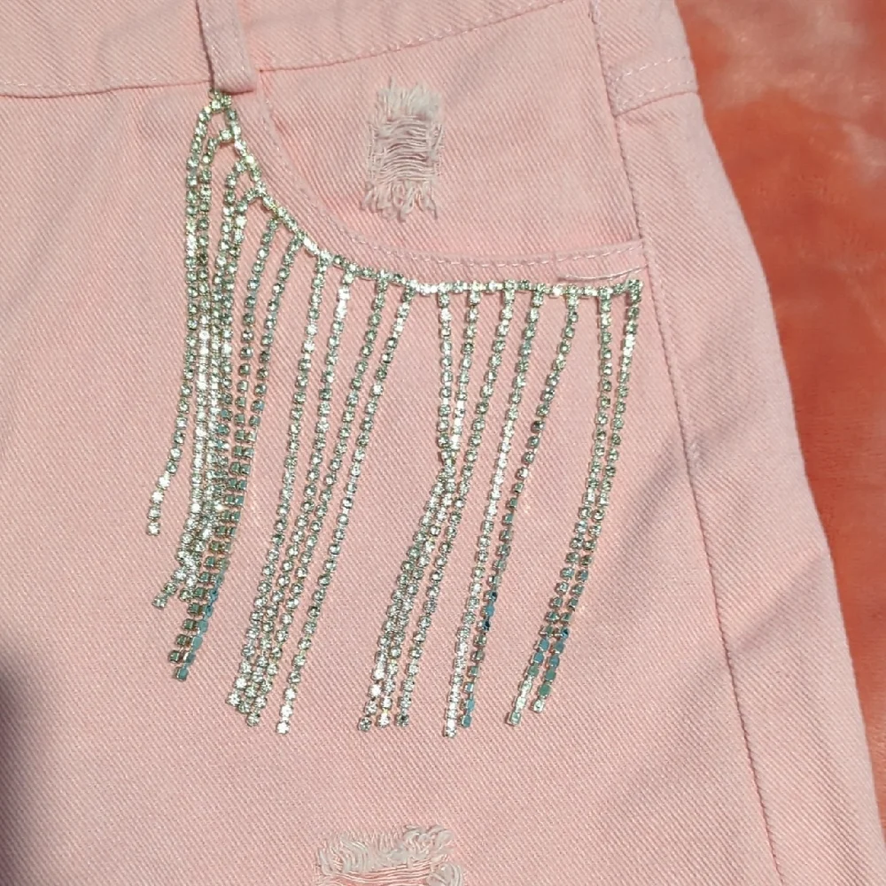 Pink Distressed Women Shorts with Fringe Detail - Picture 3 of 7